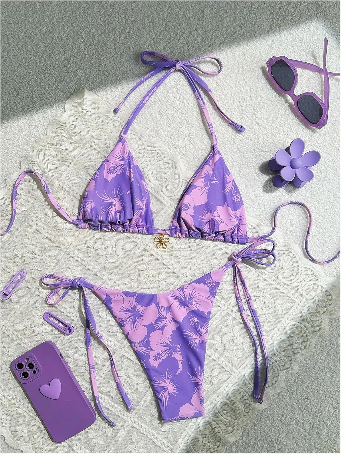 MakeMeChic Women's Halter Tie Side Triangle High Cut Bikini Set Bathing Suit Swimsuit