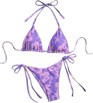 MakeMeChic Women's Halter Tie Side Triangle High Cut Bikini Set Bathing Suit Swimsuit
