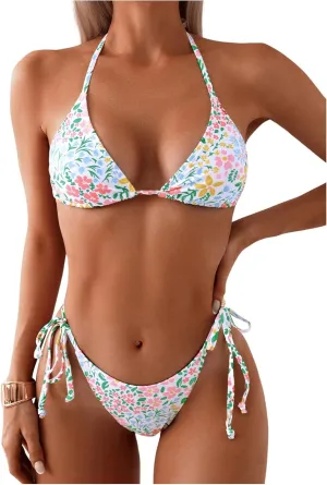 MakeMeChic Women's Halter Tie Side Triangle High Cut Bikini Set Bathing Suit Swimsuit