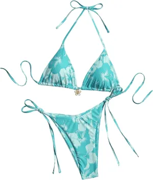 MakeMeChic Women's Halter Tie Side Triangle High Cut Bikini Set Bathing Suit Swimsuit