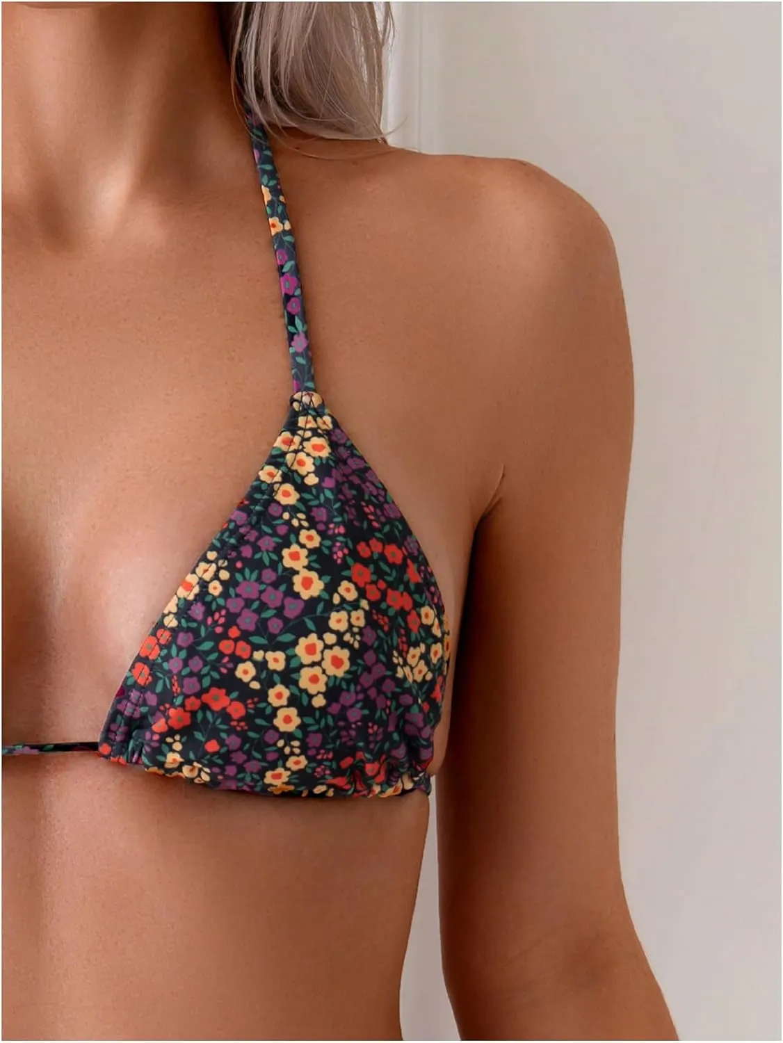 MakeMeChic Women's Halter Tie Side Triangle High Cut Bikini Set Bathing Suit Swimsuit