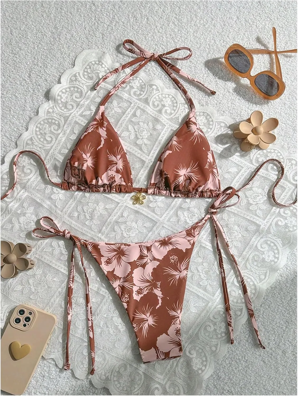 MakeMeChic Women's Halter Tie Side Triangle High Cut Bikini Set Bathing Suit Swimsuit