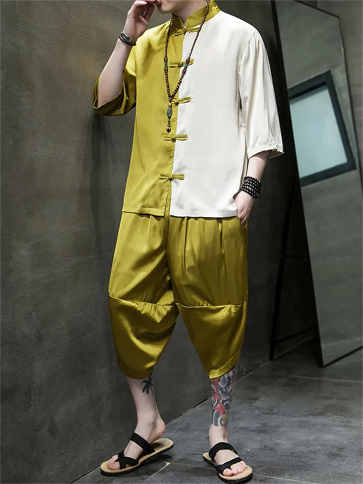 Male Color-blocked Shirt   Cropped Pants Silky Suits