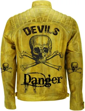 Marzz Store Mens Skeleton Zip Up Leather Jacket - Skull Vintage Motorcycle Jacket - Yellow Jackets