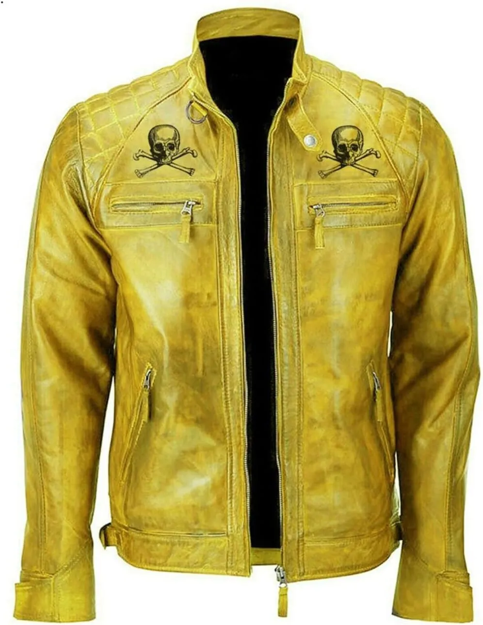 Marzz Store Mens Skeleton Zip Up Leather Jacket - Skull Vintage Motorcycle Jacket - Yellow Jackets