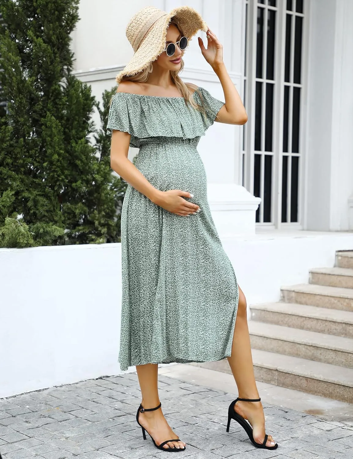 Maternity Dress Women's Off Shoulder Split A Line Casual Maxi Dress Photography Dress for Babyshower