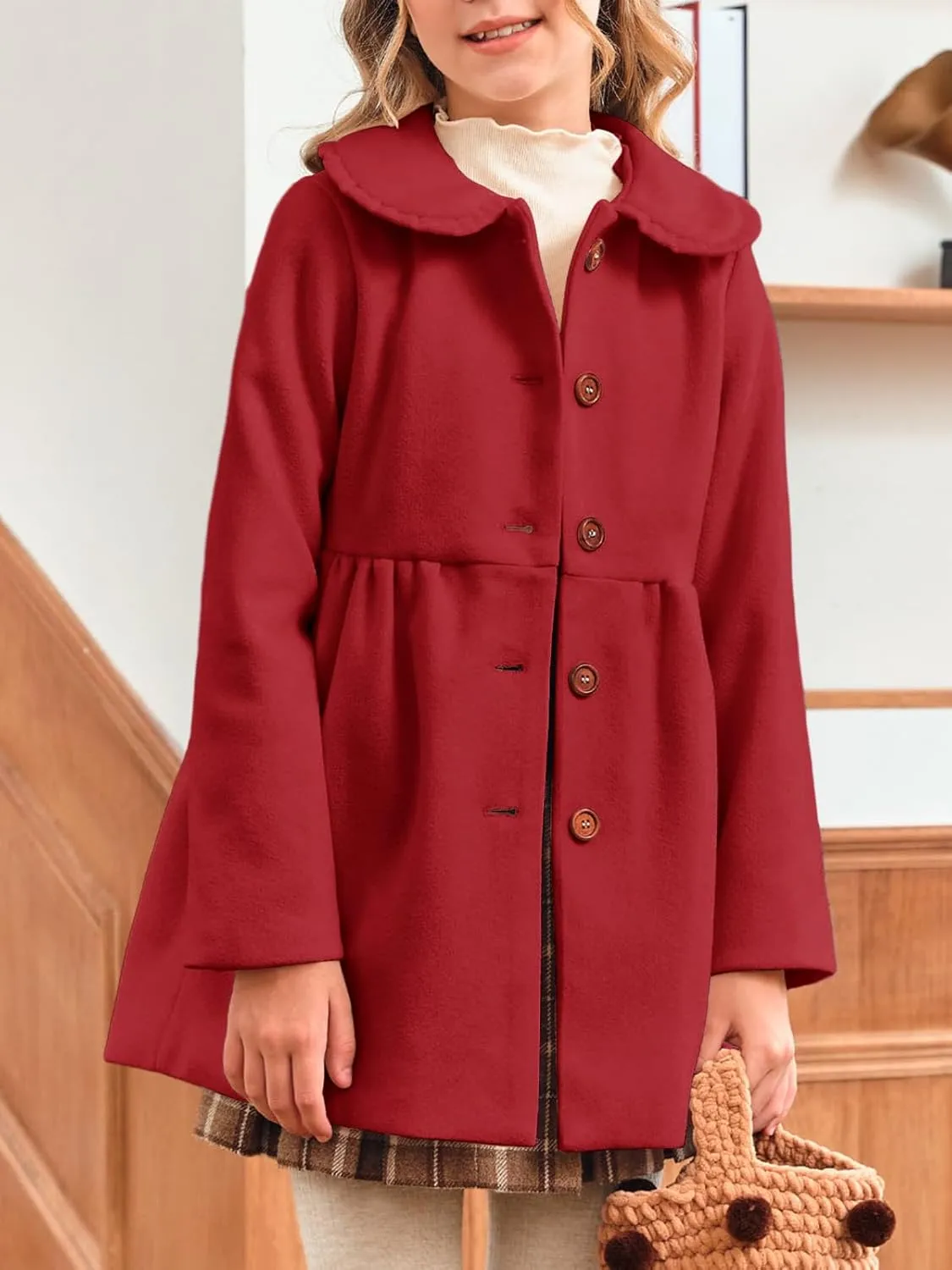 Meikulo Girls Dress Coat Casual Faux Wool Lapel Warm Jackets Kids Cute Ruffle Belt Outerwear 5-14 Years