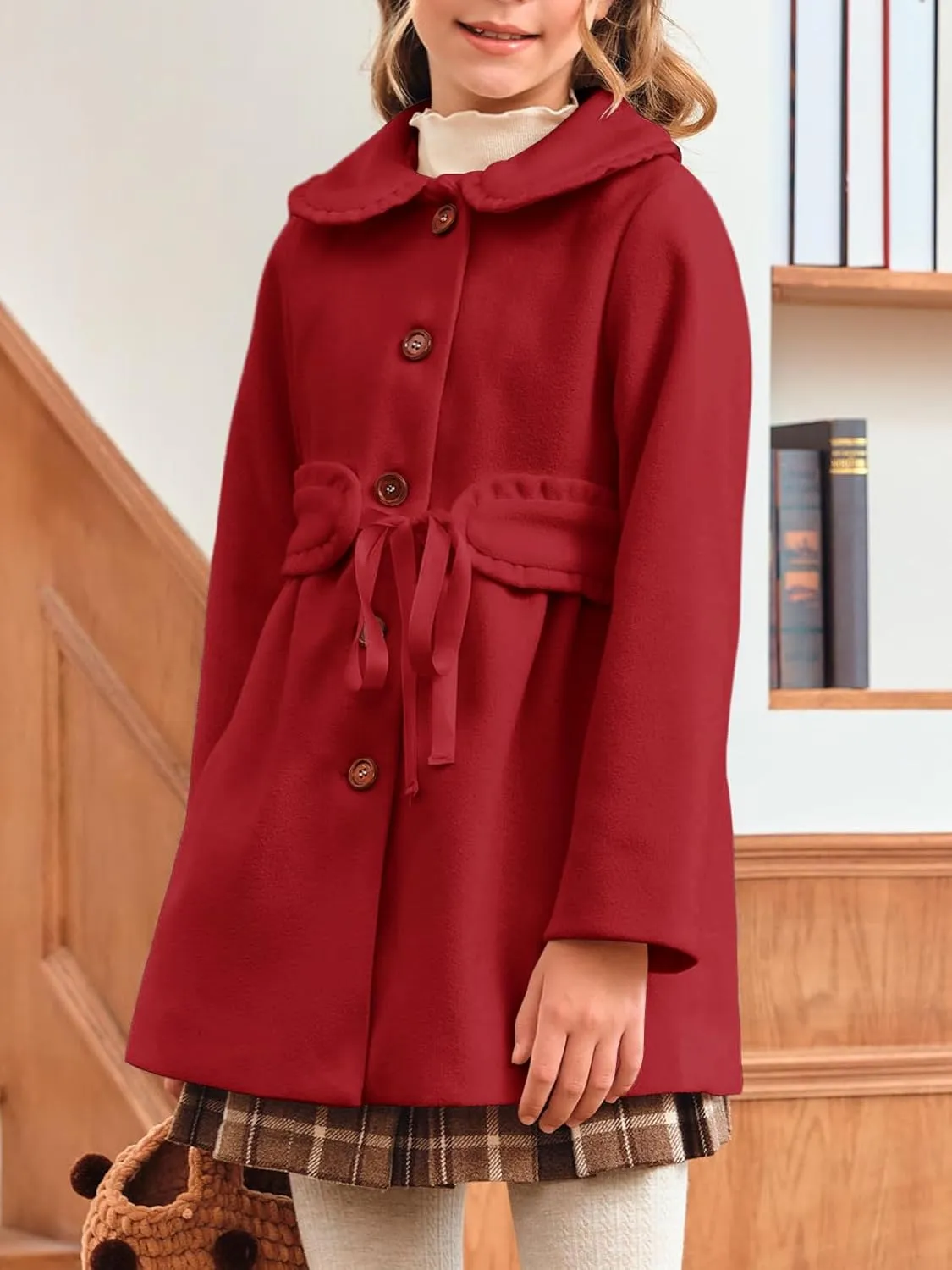 Meikulo Girls Dress Coat Casual Faux Wool Lapel Warm Jackets Kids Cute Ruffle Belt Outerwear 5-14 Years