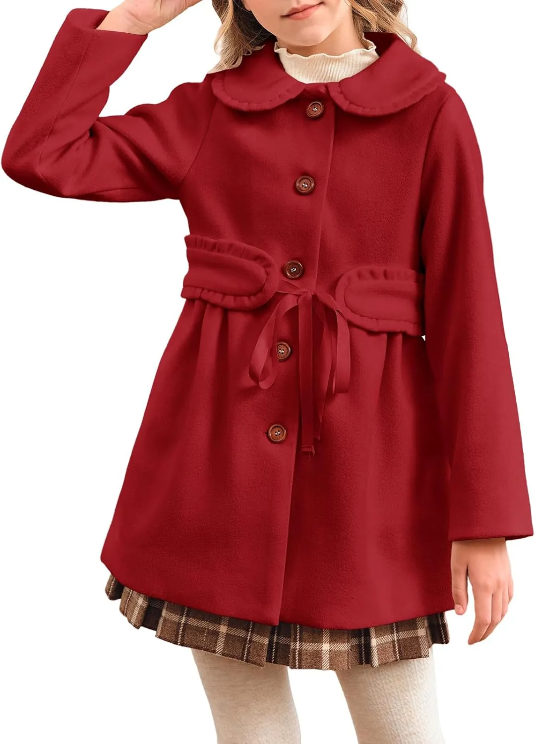 Meikulo Girls Dress Coat Casual Faux Wool Lapel Warm Jackets Kids Cute Ruffle Belt Outerwear 5-14 Years
