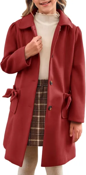 Meikulo Girls Single Breasted Dress Coat Kids Winter Outerwear Jackets Bowknot Pockets 5-14 Years