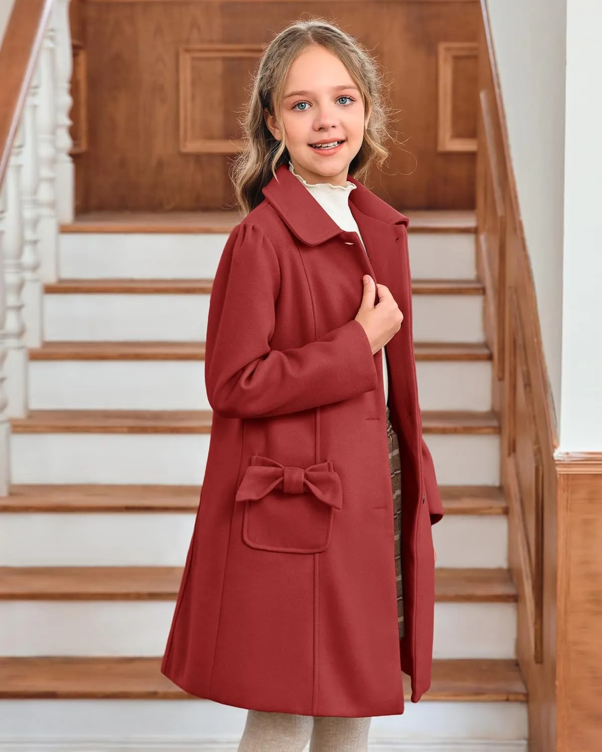 Meikulo Girls Single Breasted Dress Coat Kids Winter Outerwear Jackets Bowknot Pockets 5-14 Years