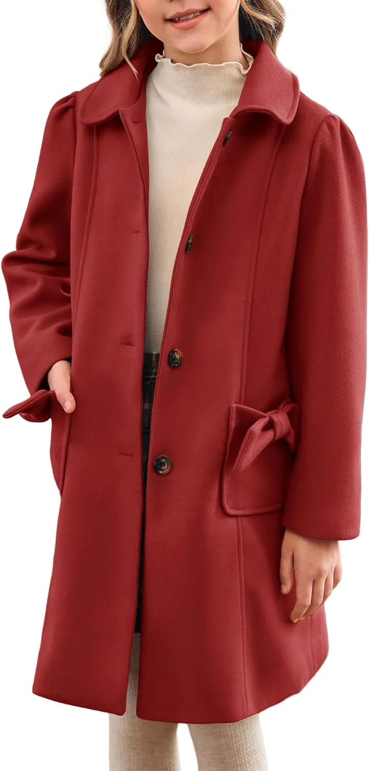 Meikulo Girls Single Breasted Dress Coat Kids Winter Outerwear Jackets Bowknot Pockets 5-14 Years