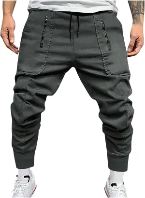 Men Cargo Pants Solid Cotton Jogger Pants Elastic Waisted Drawstring Track Pants Gym Clothes for Men Casual Avtive Pants