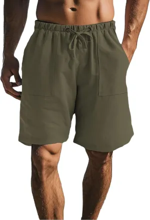 Men Casual Summer Shorts Elastic Waist Drawstring Short Pants Solid Color Straight Beach Pants with Pockets
