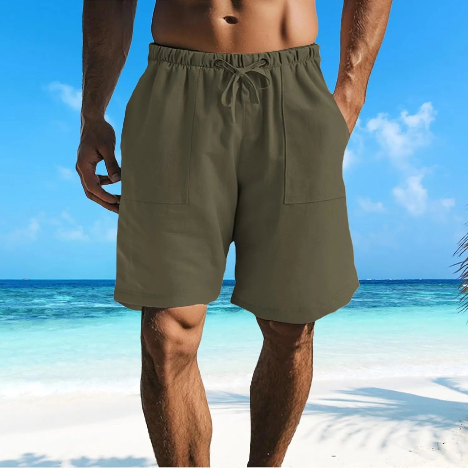 Men Casual Summer Shorts Elastic Waist Drawstring Short Pants Solid Color Straight Beach Pants with Pockets