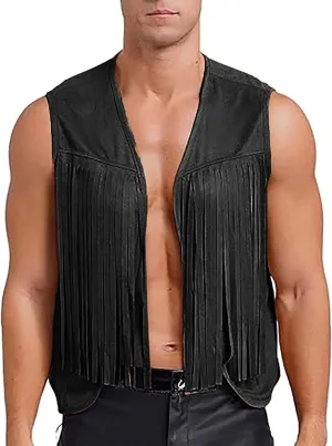 Men Fringe Vest Studded Detail Open Front 70s Hippie Suede Jacket Fashion Cowboy Western Sleeveless Tassel Tops