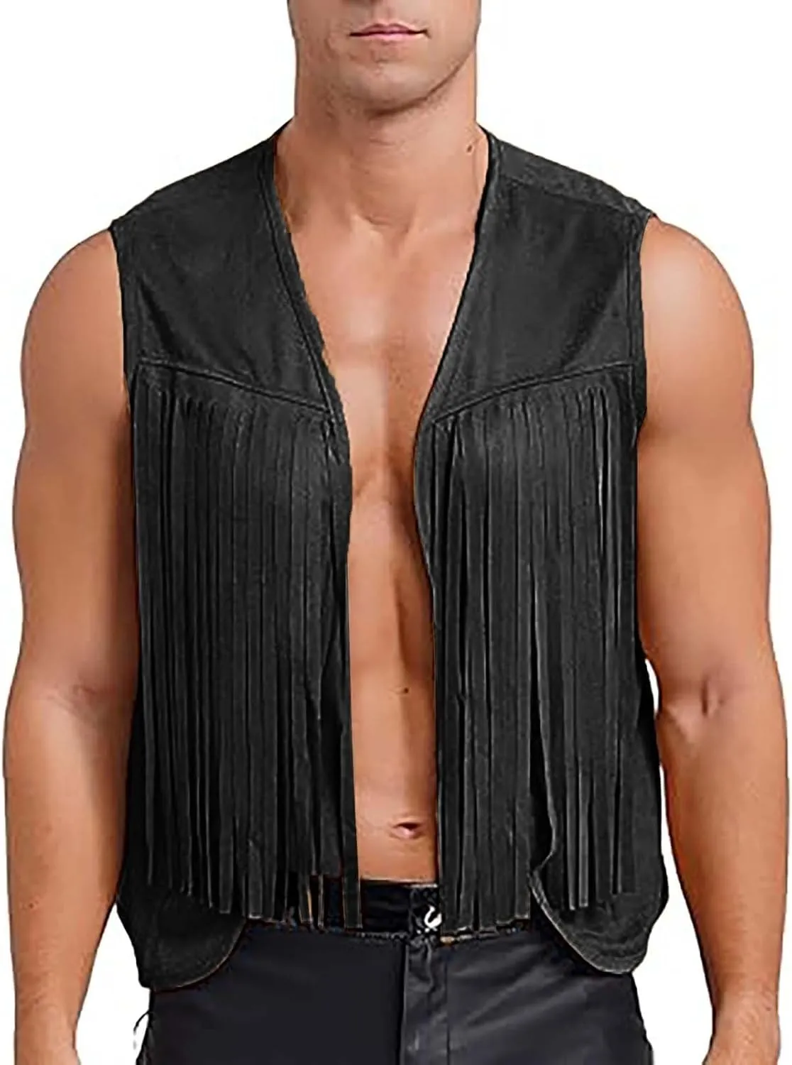 Men Fringe Vest Studded Detail Open Front 70s Hippie Suede Jacket Fashion Cowboy Western Sleeveless Tassel Tops