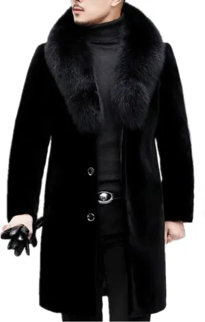 Men Long Faux Fur Coat Fluffy Fur Collar Luxury Outerwear Winter Thicken Warm Overcoat Soft Jacket
