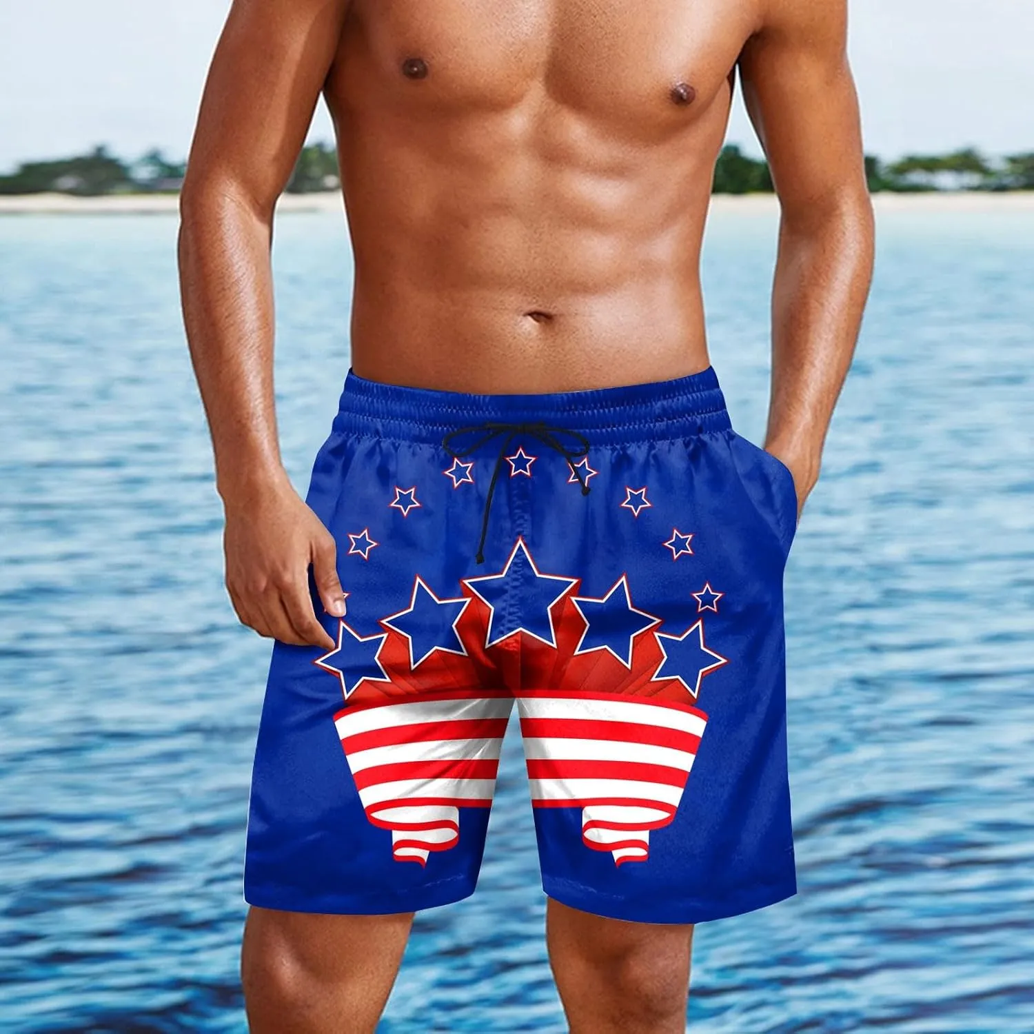Mens 4th of July Swim Trunks Casual USA Shorts Ripstop Festival Quick Dry Trunks Lightweight Mens Swim Shorts Hiking