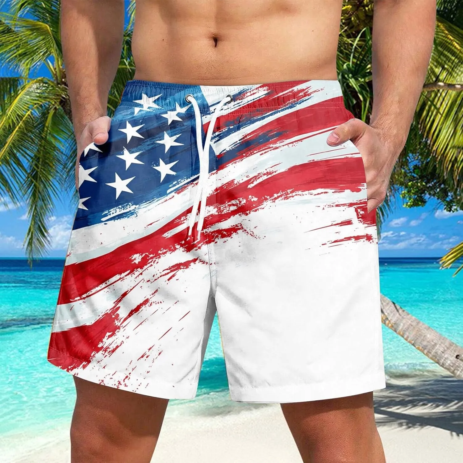 Men's American Flag Print Swim Trunks Long, Quick Dry Boardshorts, 9 Inches Inseam Bathing Suits with Mesh Lining