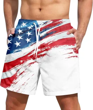 Men's American Flag Print Swim Trunks Long, Quick Dry Boardshorts, 9 Inches Inseam Bathing Suits with Mesh Lining