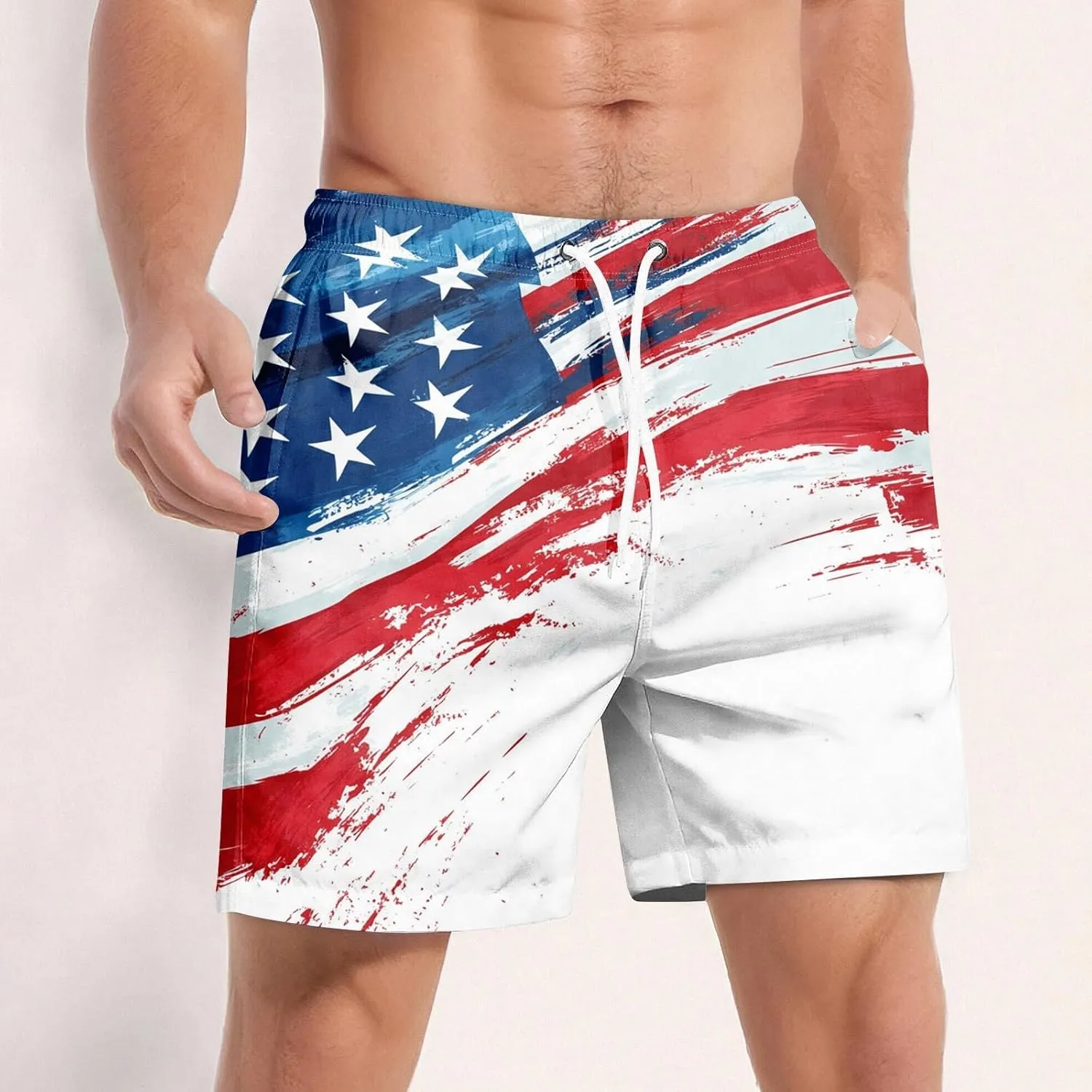 Men's American Flag Print Swim Trunks Long, Quick Dry Boardshorts, 9 Inches Inseam Bathing Suits with Mesh Lining