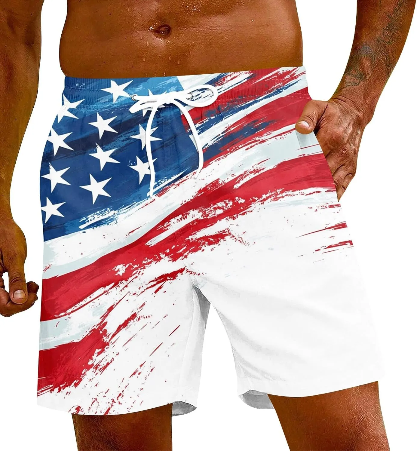 Men's American Flag Print Swim Trunks Long, Quick Dry Boardshorts, 9 Inches Inseam Bathing Suits with Mesh Lining