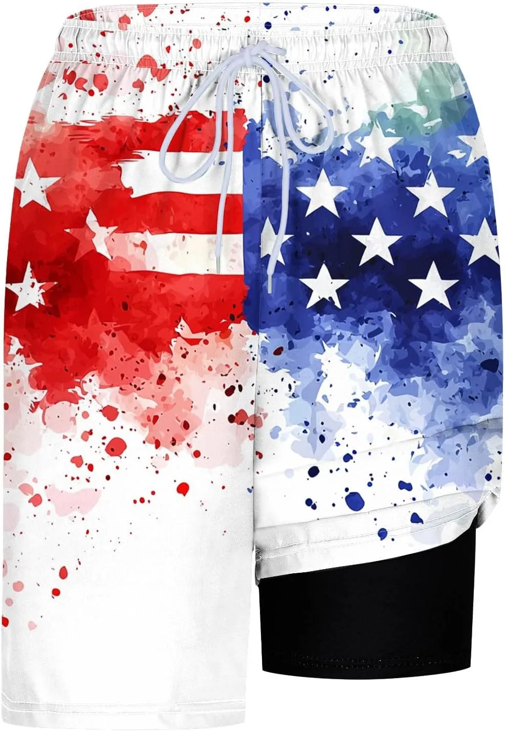 Mens American Flag Swim Trunks with Compression Liner and Pockets USA 4th of July Patriotic 2 in 1 Beach Board Shorts