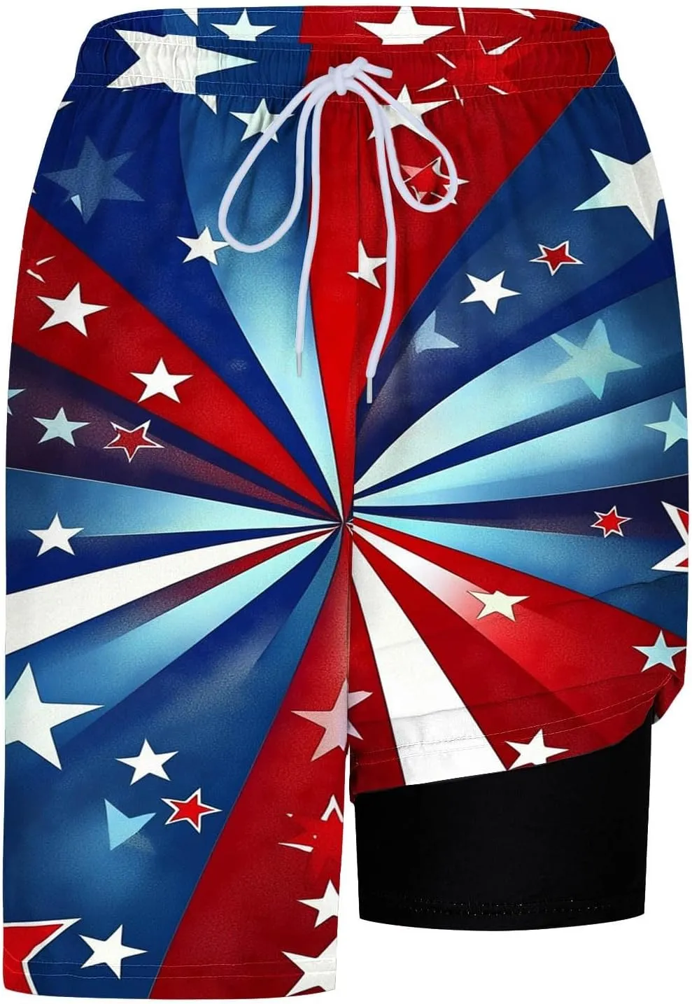 Mens American Flag Swim Trunks with Compression Liner and Pockets USA 4th of July Patriotic 2 in 1 Beach Board Shorts