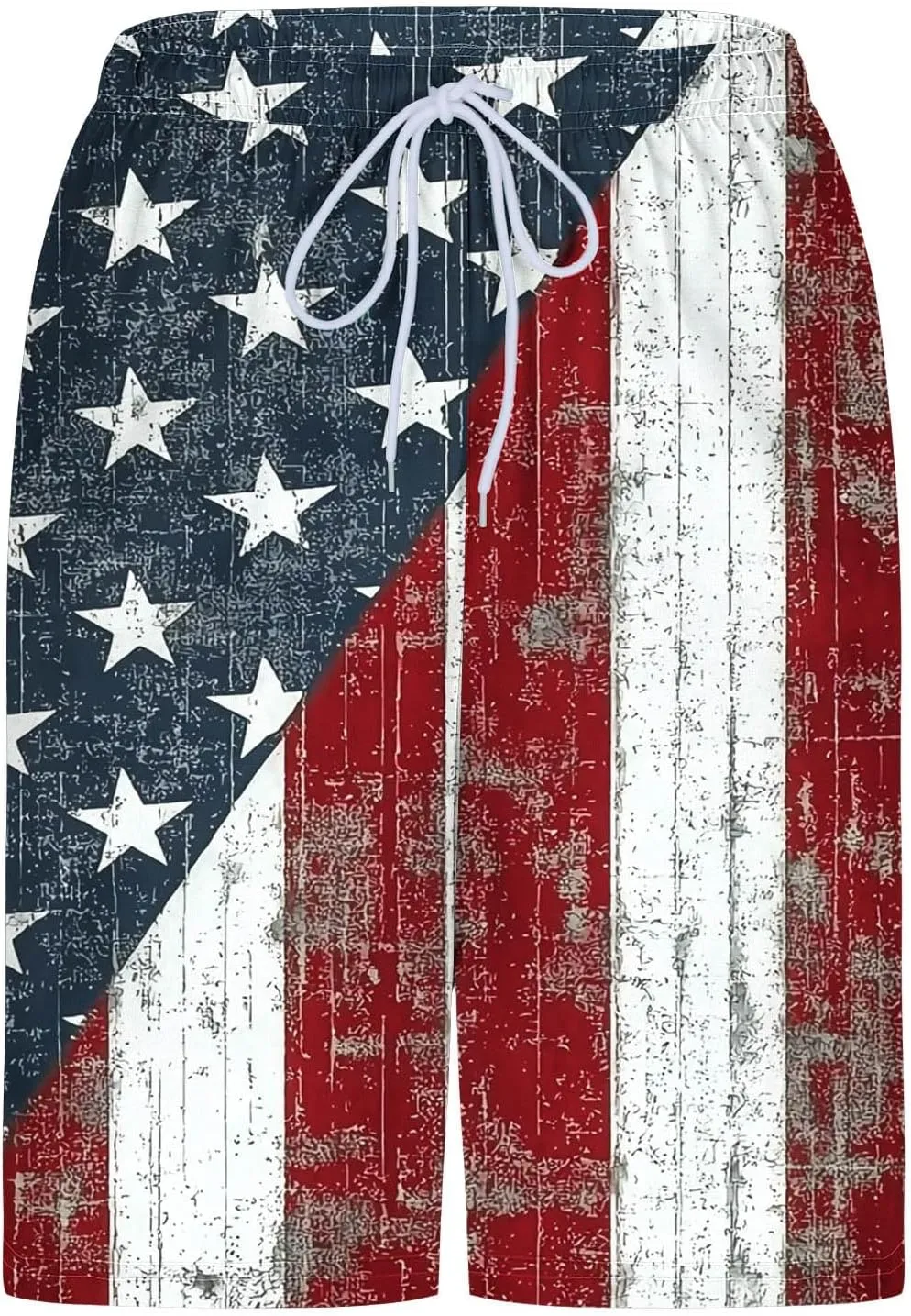 Mens American Flag Swim Trunks with Compression Liner and Pockets USA 4th of July Patriotic 2 in 1 Beach Board Shorts
