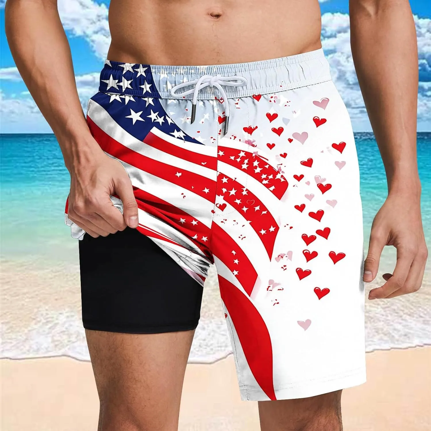 Mens American Flag Swim Trunks with Compression Liner and Pockets USA 4th of July Patriotic 2 in 1 Beach Board Shorts