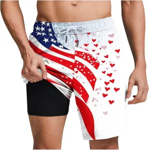 Mens American Flag Swim Trunks with Compression Liner and Pockets USA 4th of July Patriotic 2 in 1 Beach Board Shorts