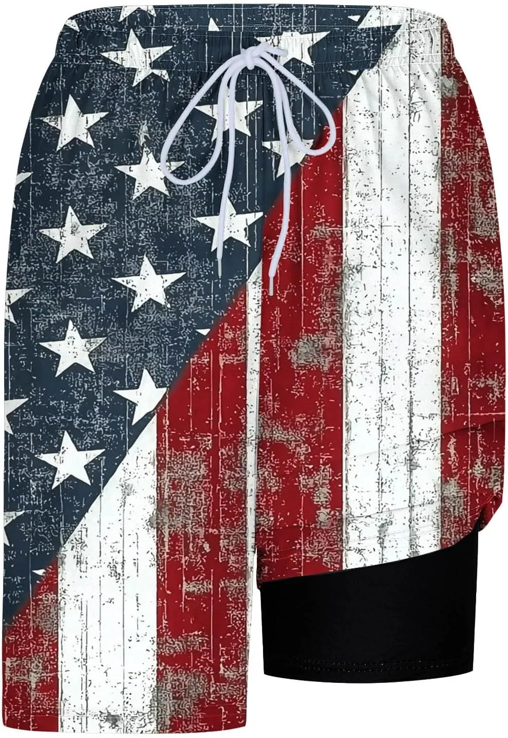 Mens American Flag Swim Trunks with Compression Liner and Pockets USA 4th of July Patriotic 2 in 1 Beach Board Shorts