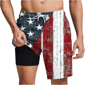 Mens American Flag Swim Trunks with Compression Liner and Pockets USA 4th of July Patriotic 2 in 1 Beach Board Shorts