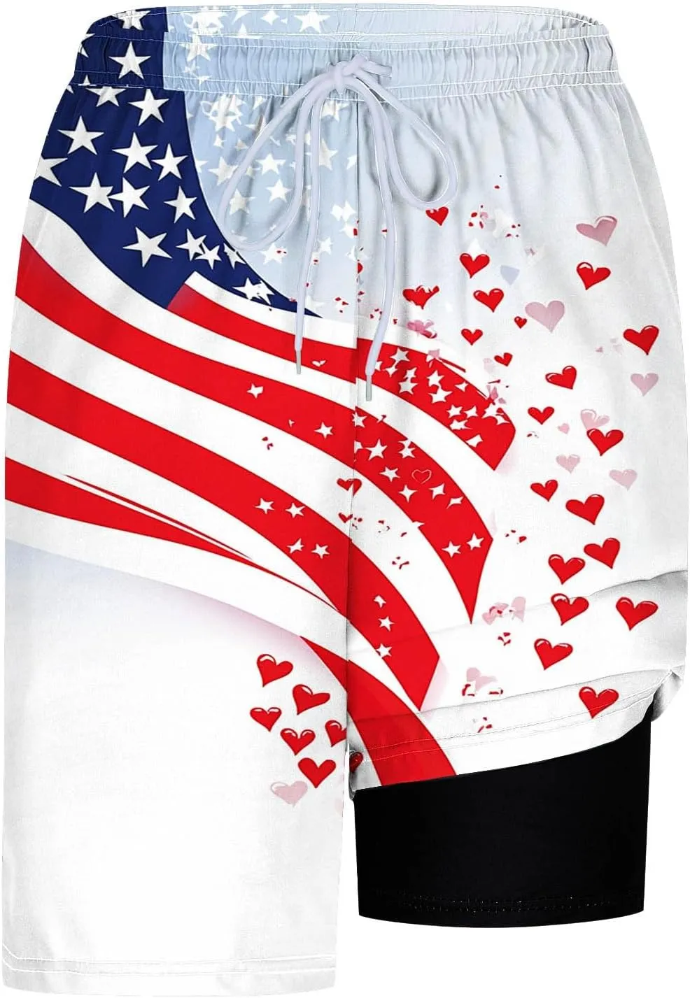 Mens American Flag Swim Trunks with Compression Liner and Pockets USA 4th of July Patriotic 2 in 1 Beach Board Shorts