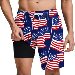 Mens American Flag Swim Trunks with Compression Liner and Pockets USA 4th of July Patriotic 2 in 1 Beach Board Shorts