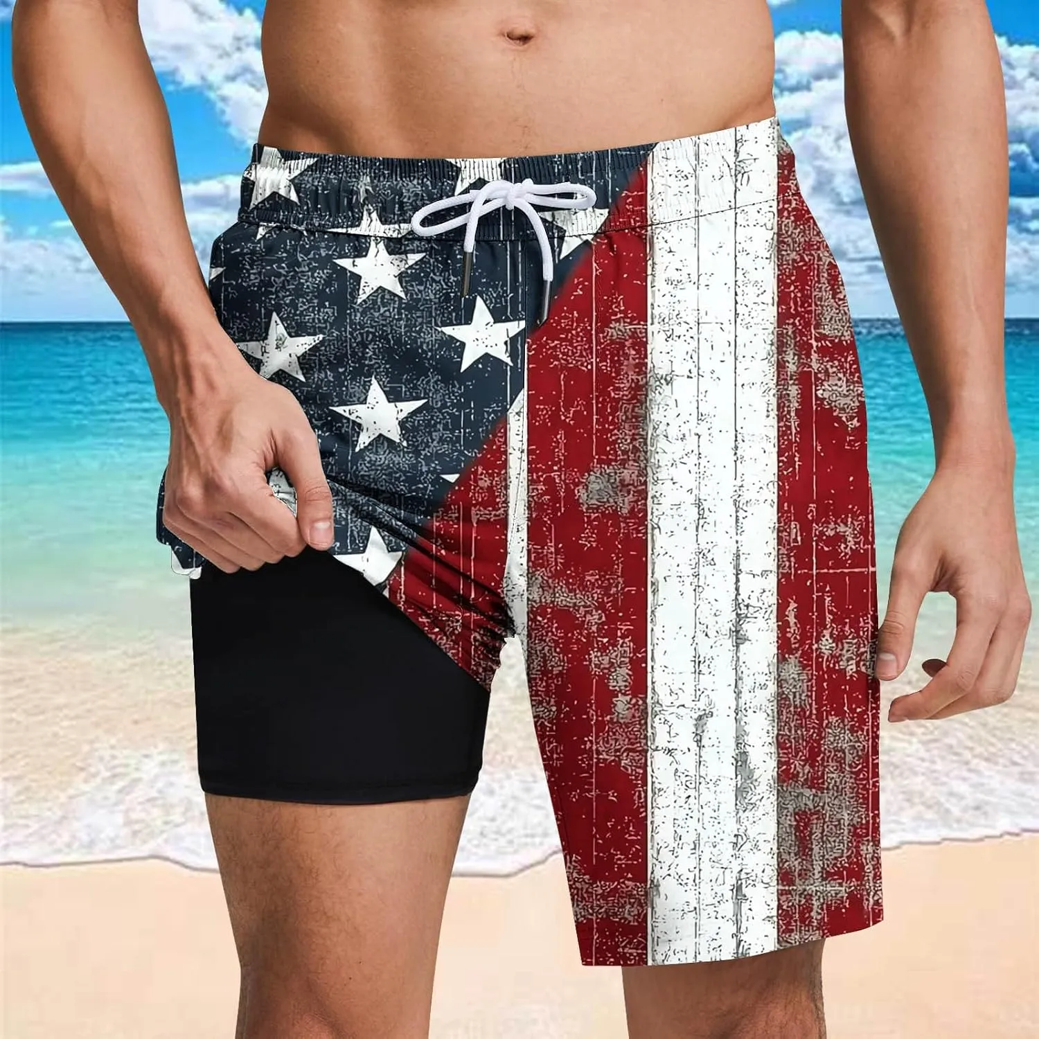 Mens American Flag Swim Trunks with Compression Liner and Pockets USA 4th of July Patriotic 2 in 1 Beach Board Shorts