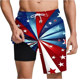 Mens American Flag Swim Trunks with Compression Liner and Pockets USA 4th of July Patriotic 2 in 1 Beach Board Shorts