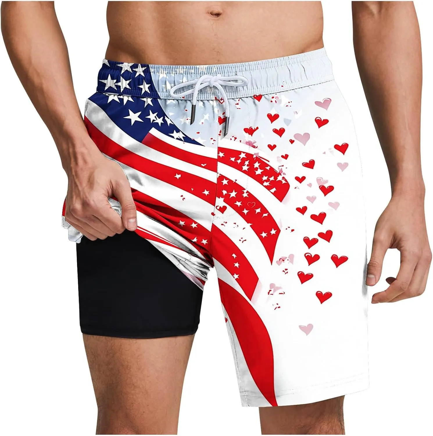 Mens American Flag Swim Trunks with Compression Liner and Pockets USA 4th of July Patriotic 2 in 1 Beach Board Shorts