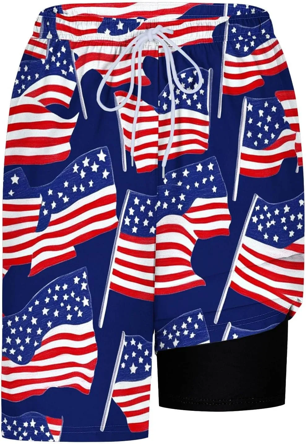Mens American Flag Swim Trunks with Compression Liner and Pockets USA 4th of July Patriotic 2 in 1 Beach Board Shorts