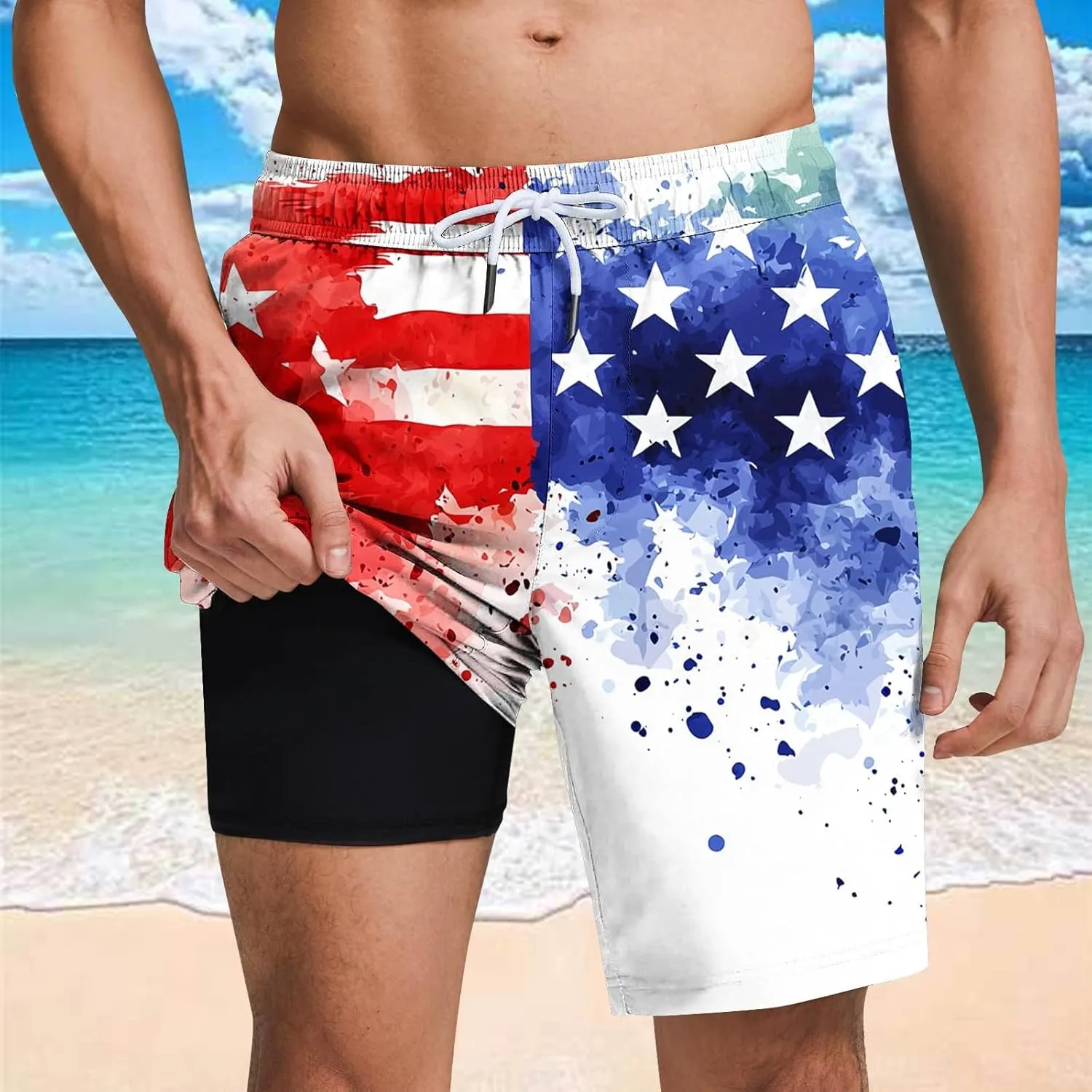 Mens American Flag Swim Trunks with Compression Liner and Pockets USA 4th of July Patriotic 2 in 1 Beach Board Shorts