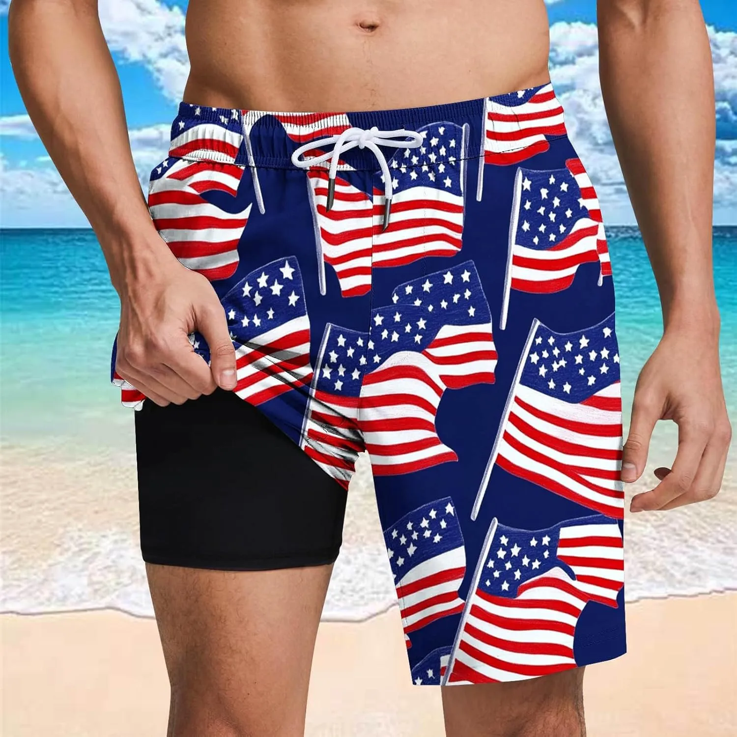 Mens American Flag Swim Trunks with Compression Liner and Pockets USA 4th of July Patriotic 2 in 1 Beach Board Shorts