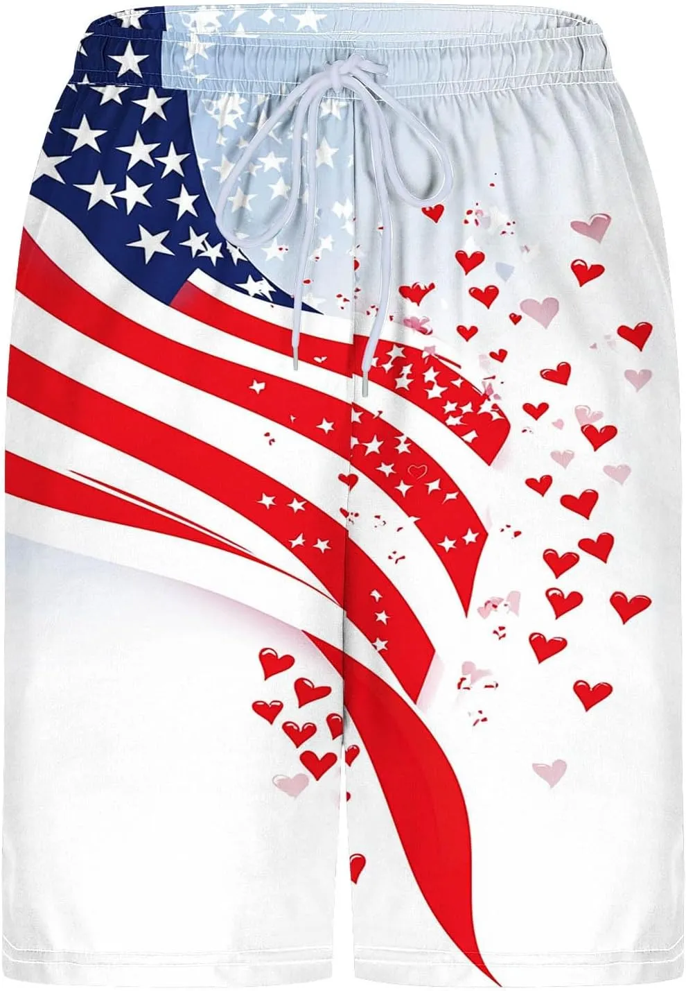 Mens American Flag Swim Trunks with Compression Liner and Pockets USA 4th of July Patriotic 2 in 1 Beach Board Shorts