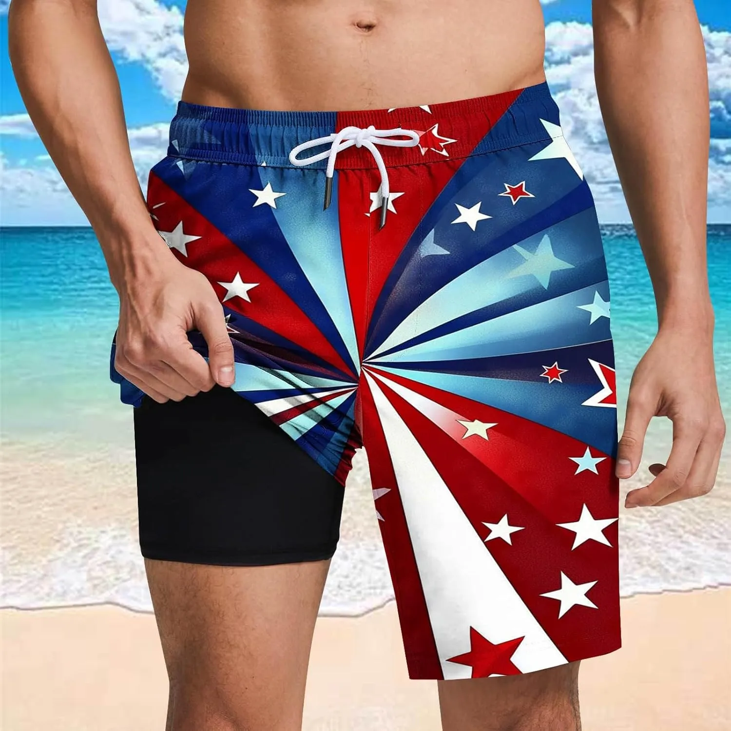 Mens American Flag Swim Trunks with Compression Liner and Pockets USA 4th of July Patriotic 2 in 1 Beach Board Shorts