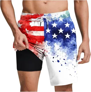Mens American Flag Swim Trunks with Compression Liner and Pockets USA 4th of July Patriotic 2 in 1 Beach Board Shorts