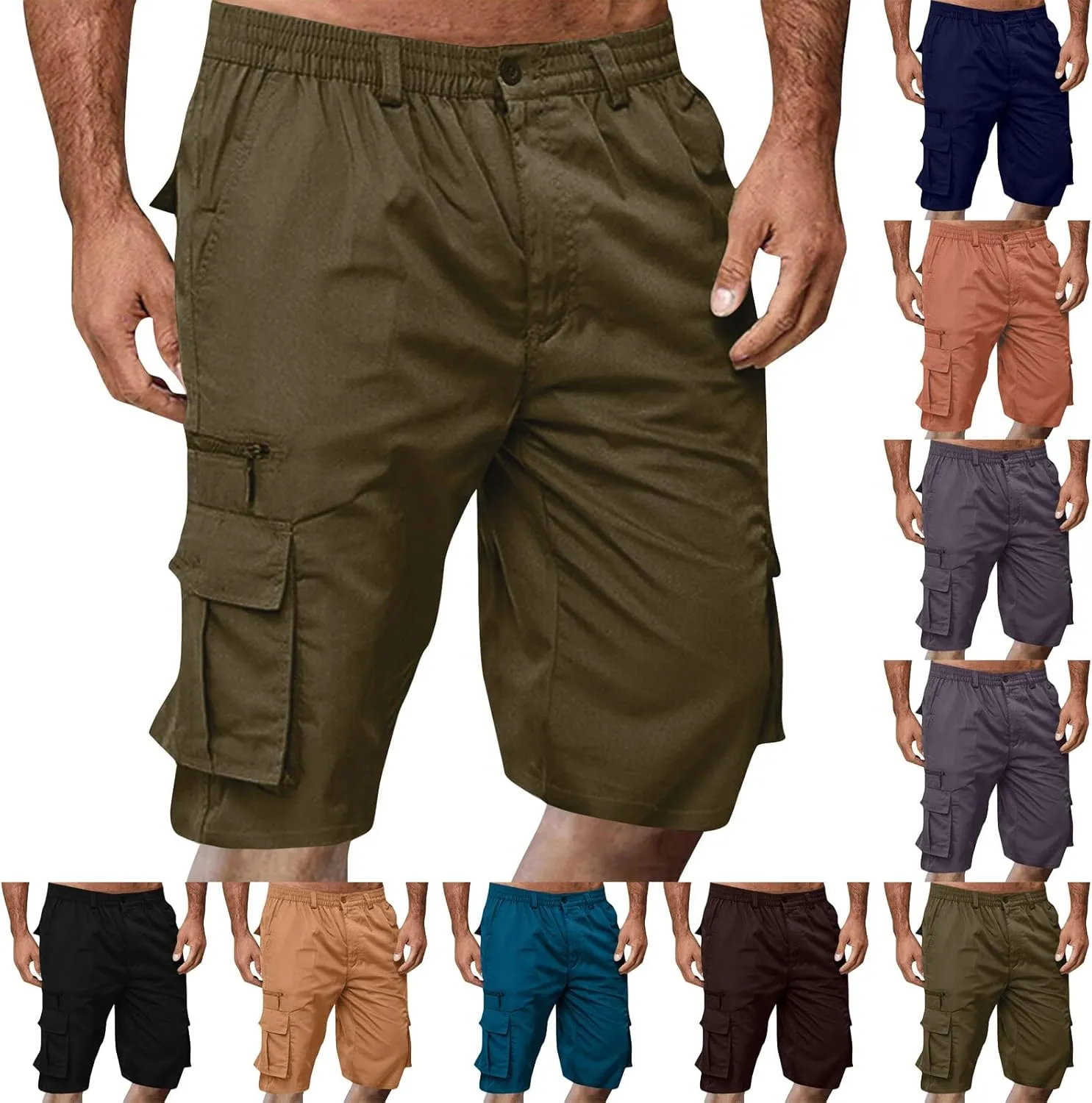 Mens Bermuda Cargo Shorts Drawstring Elastic Waist Lightweight Work Pants Outdoor Classic Hiking Shorts with Pockets
