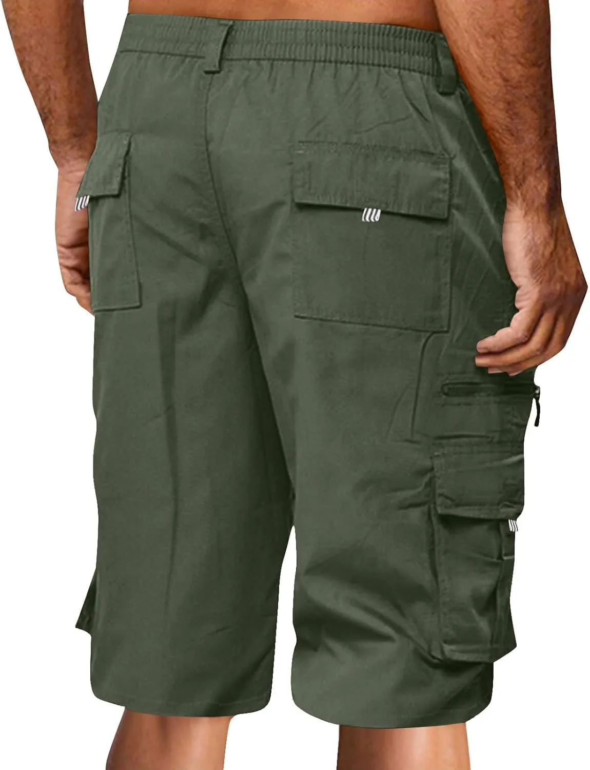 Mens Bermuda Cargo Shorts Drawstring Elastic Waist Lightweight Work Pants Outdoor Classic Hiking Shorts with Pockets