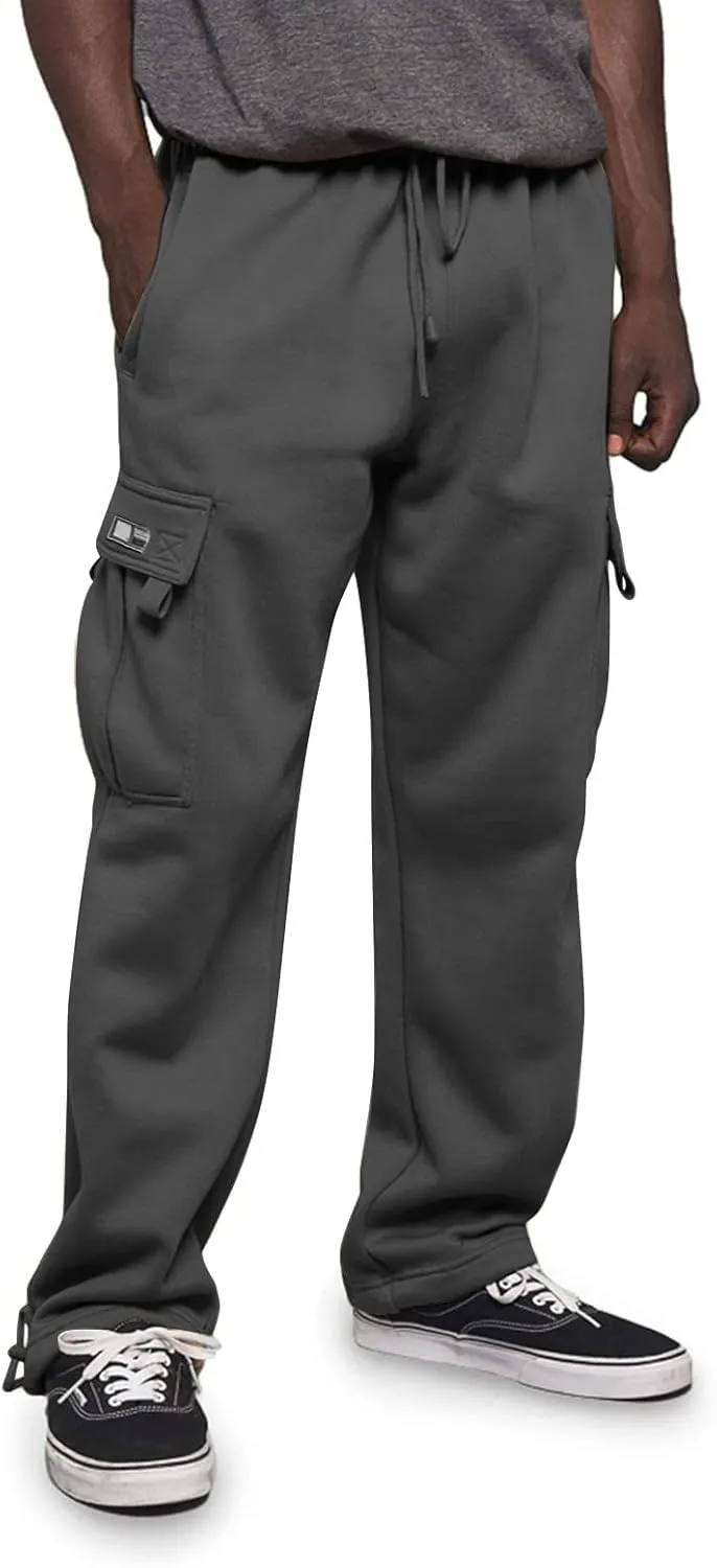 Men's Cargo Pants Casual Sports High Waist Solid Color Drawstring Trousers with Pockets Hiking Warm Joggers Sweatpant