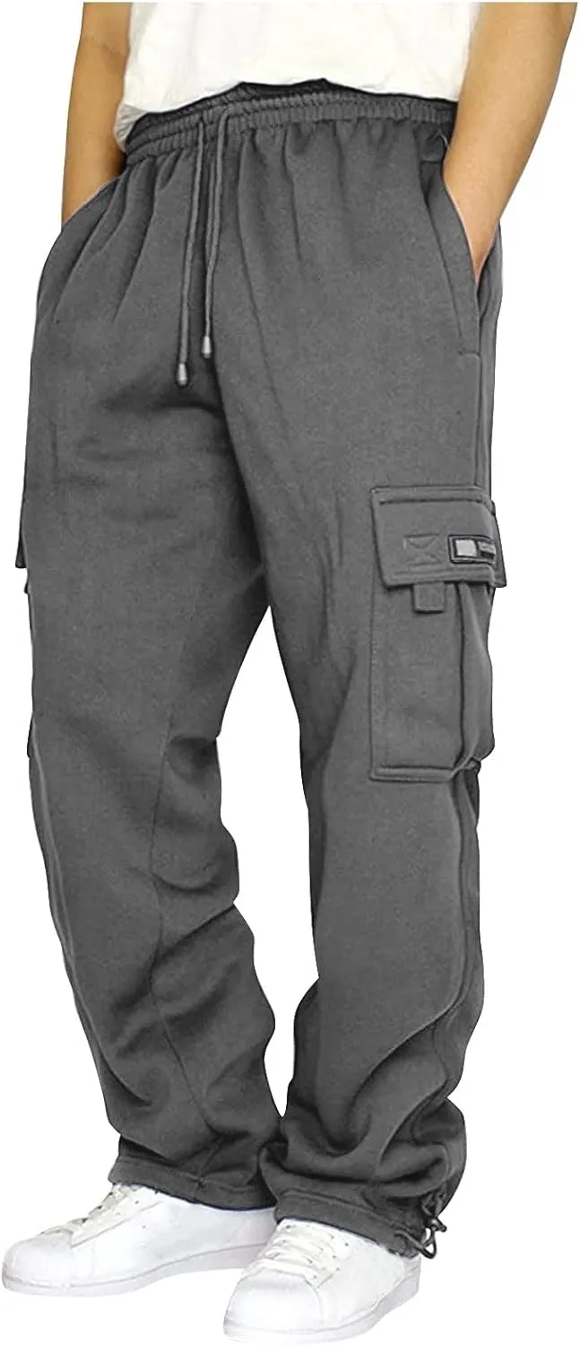 Men's Cargo Pants Casual Sports High Waist Solid Color Drawstring Trousers with Pockets Hiking Warm Joggers Sweatpant