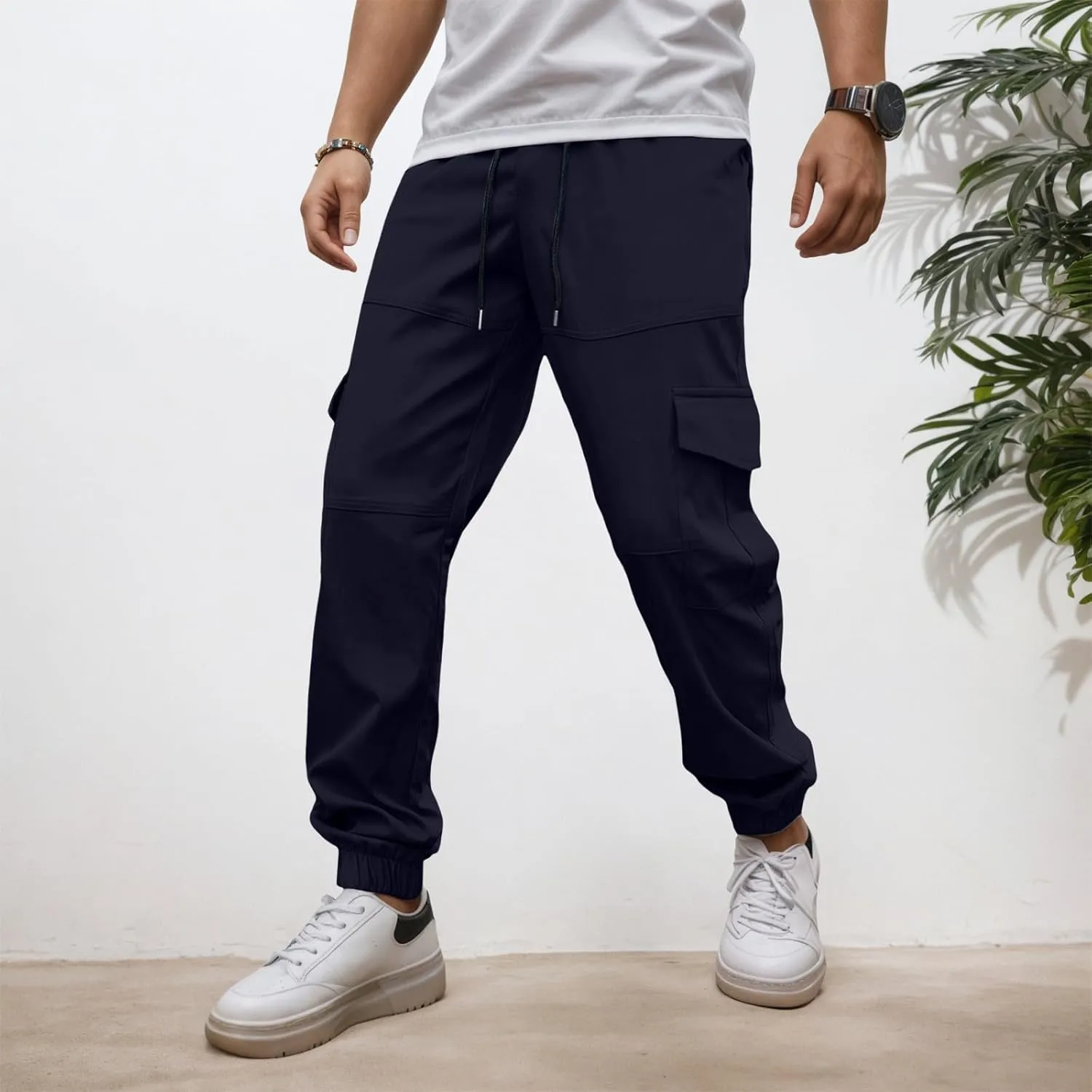 Men's Cargo Pants with Pockets Elastic Waisted Vintage Casual Harem Pants Drawstring Stretch Lightweight Loose Fit Joggers